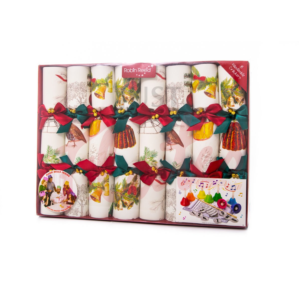 Robin Reed 'Handbells' Christmas Crackers, Sleighbells and Bows - Box of 8