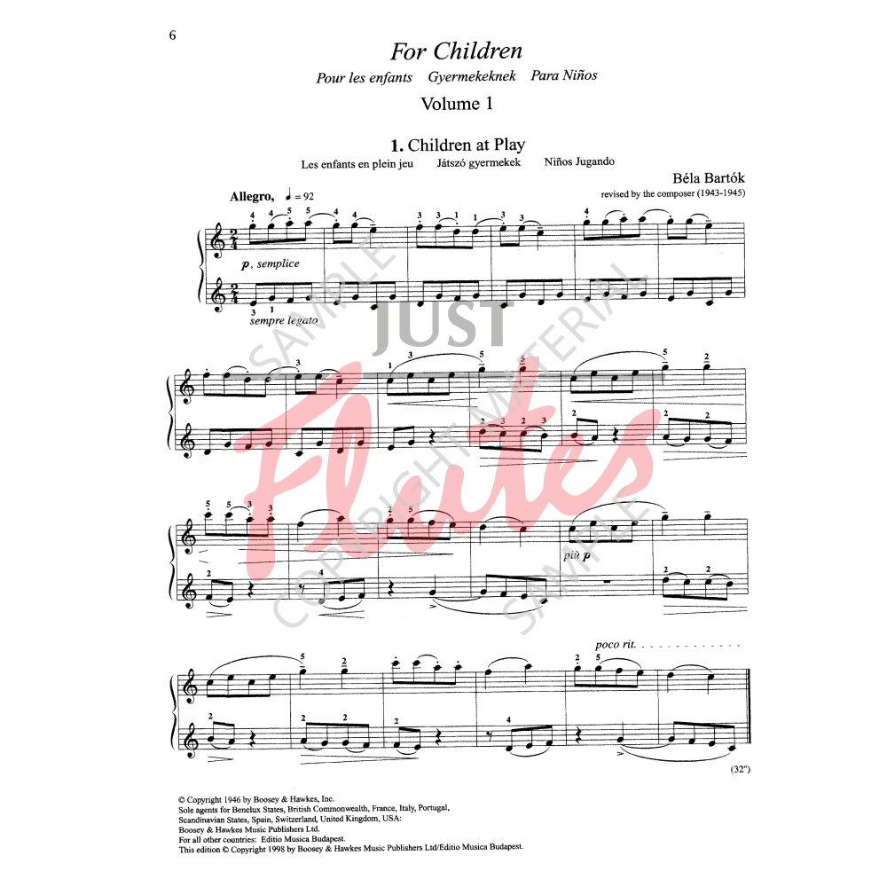 For Children - Complete Volumes 1 & 2 - B. Bartók. Just Flutes